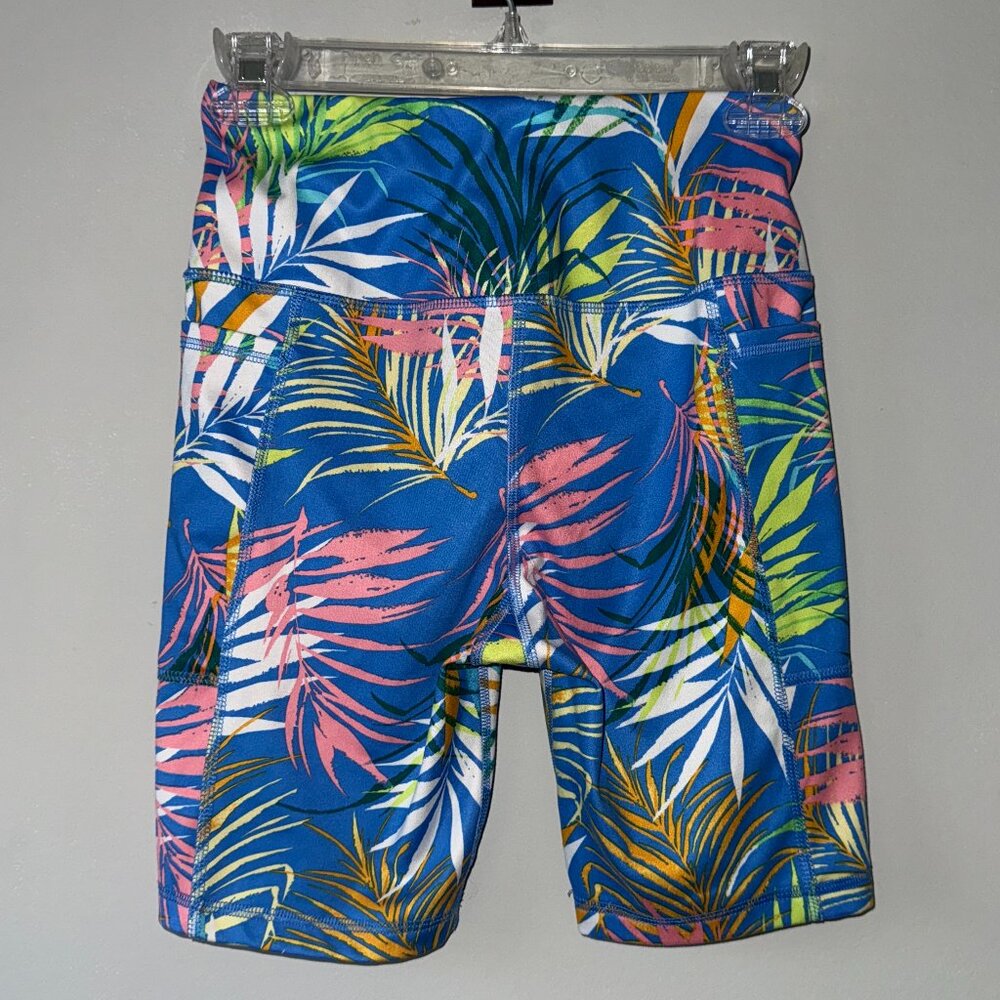 Athletic Works Blue Green Pink Neon Tropical Palm Print Biker Shorts Size XS